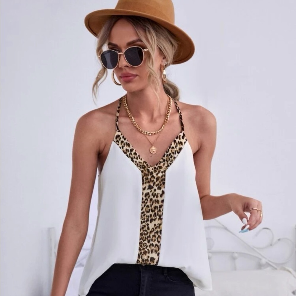 CONTRAST Leopard Print Halter Top, Size M
